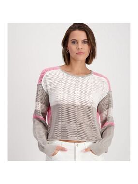 Monari Coconut Taupe Pink Mesh Knit Relaxed Fit cropish sweater Medium crochet